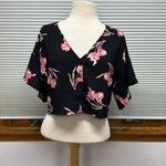 Leith Black Pink Hawaiian Floral Button Down Short Sleeve Cropped Top Blouse Photo 2