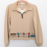 VTG Koret Womens Sweater Size S Beige Collared Zip Cabin Embroidered Boho Retro Tan Photo 0
