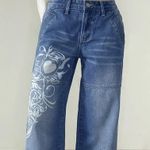 Women Low Rise Washed Baggy Jeans Heart Floral Graffiti Wide Leg Denim Sz Sm Blue Photo 1