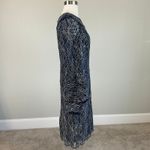 XScape  Metallic Floral Lace Long Bell Sleeve Sheath Navy Blue Size 6 Boat Neck Photo 2