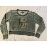 Saks 5th Avenue GRAY by Saks Fifth Avenue Sz XS Green Skull Rhinestone Sweater Thumbhole Cropped Photo 0
