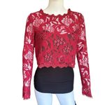 Maniju  Medium Full sheer Floral Lace Burgundy Long Sleeve Red Cropped Blouse NWT Photo 8