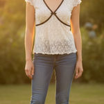 Thirty Thirty La Romantic Top Ivory Suede Black Trim Cottagecore Croquette XS White Photo 0