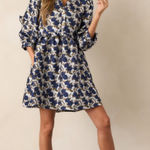 Entro NWT WAVES OF ROSES NAVY FLORAL PUFF SLEEVE MINI DRESS Sz S Photo 0