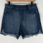 Judy Blue Jegging Dolphin Hem Shorts Stretch Dark Wash Denim Frayed Cutoff L Photo 0