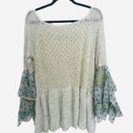 Free People Pointelle Breeze Bell Sleeve Top Tunic Medium M Blue Ivory Photo 4