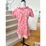Bella Tu Coral Pink & White Blue Tassel Floral Block Print Ruffle Hem Dress Size M Photo 1