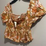 Aerie  Smocked Orange Floral Square Neck Puff Sleeve Cropped NWT Photo 1