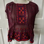 Free People  “All Your Feelings” Sheer Embroidered Blouse Plum Red Boho Photo 7