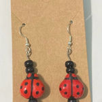 None Ladybug Dangle Drop Slip On Beaded Statement‎ Earrings Red Black Silver Tone Photo 0