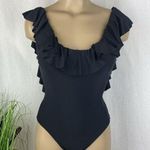 J.Crew  Black Ruffle Shoulder Scoop Neck 1 Piece Swim Bathing Suit 2 Photo 0