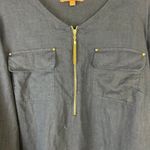 Ellen Tracy  Womens 1X 100% Linen Top Tunic Blue Gold Zipper Blouse Plus Size Photo 3