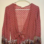 Cotton Candy Red Boho Plunge Tie Front Romper Long Sleeve Small Flowy Shorts Photo 1