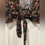 American Eagle  Size S Black Floral Cap Sleeve Front Tie Smocked Waist Crop Top Photo 2