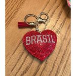 Red Heart "Brasil" Keychain With Tassel Charm & Rhinestone Details Bag Charm Photo 0