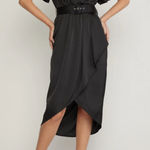 Entro Black Satin Bubble Puff Sleeves Faux Wrap Dress High Low Hem Belt‎ Midi S Photo 0