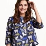 H&M Blue Kitty Cat Retro Novelty Print Cropped Boxy Cut 3/4 Sleeve Blouse Size 4 Photo 0