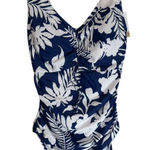 B2PRITY Navy White Tropical Floral Ruched One Piece Swimsuit Women's Small Blue Photo 0