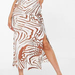 River Island  wavy print bias‎ midi skirt with split detail in cream brown size 2 Photo 0