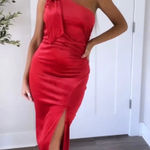 Merokeety ONE SHOULDER SLEEVELESS VELVET SLIT MAXI DRESS Holiday Red Formal XL Photo 0