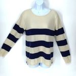 Two Bees Cashmere Womens Stripe Crew Neck Long Sleeve Sweater Cream Blue Medium Photo 0