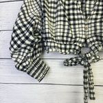 ZARA Womens XS Gingham Top Cropped Plaid Flannel Black White Puff Sleeve Photo 2