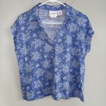 Laura Ashley Woman’s Polo Top 100% Linen Sz M Blue White Floral Short Sleeve Photo 0
