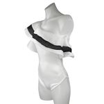 Women's White Black Ruffle Striped One Shoulder Stretch Bodysuit Top Size M Size M Photo 1