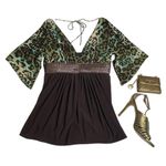 Linda Segal ⌘ Braided Belt Plunging Neckline Top ⌘ Chocolate Mint Leopard ⌘ L Size L Photo 14
