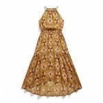 Aerie  Mustard Yellow Geometric Print Halter Maxi Dress Tiered High Low Size XS Photo 1