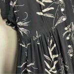 Vintage Floral Dress Rayon Black Leafy Momcore Short Sleeves Back Waist Tie 00s Size 14 Photo 5