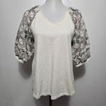 cupio  Womens Cream Embroidered Sleeve V Neck Casual Tee Top M Photo 1