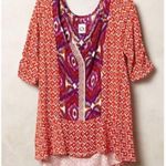 Anthropologie  AKEMI KIN Ikat Split Neck Top Orange / Red Aztec Embroidered Boho Photo 2