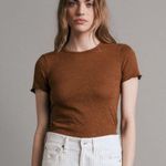 Rag and Bone  Gemma Jacquard Scoop Neck Short Sleeve Top Lettuce Trim Small Brown Photo 0