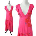 Free People  Tropical Hawaiian Hibiscus Hot Pink Floral Maxi Dress Size 8 Summer Photo 7
