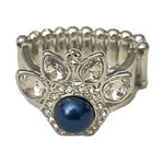 Elegant Silver Tone Stretch Ring with Blue Pearl and Crystal Flower‎ Design R Photo 0