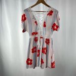 Lulus Tropical Floral Stripe V Neck Lace Up Back Mini Dress White Blue Red XS Photo 3