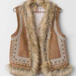 Flying Tomato Brown With white Embroidery Aztec faux fur sleeveless Vest Size M #boho #cottagecore #western #indie #hippie Photo 0