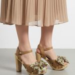 Vintage CROWN women’s wood platform heels "miss america" floral fabric bow Sz 7M Tan Photo 0