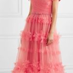 Marchesa Notte Off Shoulder Tulle 3D Floral Midi Gown Dress Size 0 Pink Tiered Photo 9