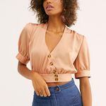 Free People NWT  Stay Bold Rose Crop Button Down Top Short Sleeve Lightweight S Photo 0