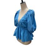 Abercrombie & Fitch Abercrombie Linen Cotton Blend Puff Sleeve Blue Babydoll Plunge Top Size Small Photo 5