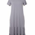 LOGO By Lori Goldstein Dress Gray Midi Womens Medium Short Sleeve Tiered Casual Photo 0