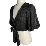 Peach Puff  Cropped Polka Dot Top S Black V Neck Buttons Tie Elastic Sleeve Photo 2