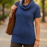 Athleta Womens Sweater Sz XS Tisbury Cableknit Turtleneck Iron Blue Short Sleeve Photo 0