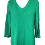 Talbots  Knit Sweater Fringe Sleeve Kelly Green Size L Large Cotton V-Neck Photo 0