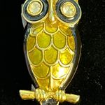 Vintage Owl Brooch Black & Gold Clear Rhinestone Eyes Whimsigoth Witchy Photo 0