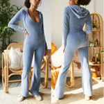 Urban Outfitters Iets Frans UO Loungewear Kenny Plunge Neck Hooded Velour Jumpsuit Size Small Blue Photo 1
