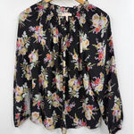 Rebecca Taylor Boquet Black Floral Silk Smocked Neck Long Sleeve Blouse Size S Photo 0