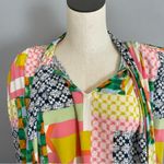 Fate Blouse Patchwork Print Tie Neck Size Large Rayon Sleeveless Padded Shoulder Green Photo 10